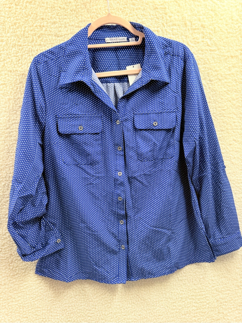 Notations Blue white polka dot button down shirt Size M NWT